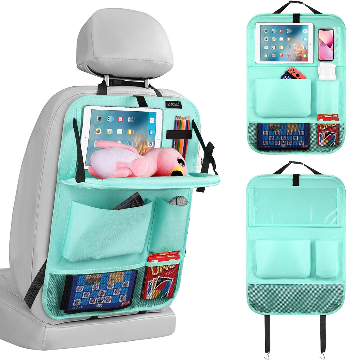 LUCMO Car Backseat Organizer with Tablet Holder,6 Storage Pockets Car Storage Organizer with Foldable Food Tray,Protectors Kick Mats Travel Accessories-Black