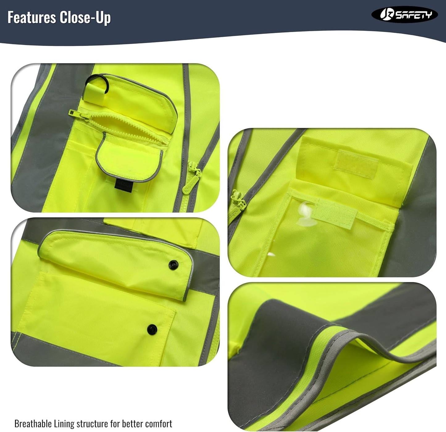 JKSafety 9 Pockets Class 2 High Visibility Zipper Front Safety Vest With Reflective Strips,Meets ANSI/ISEA Standard (Large, 150-Yellow) - Colors A
