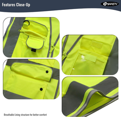 JKSafety 9 Pockets Class 2 High Visibility Zipper Front Safety Vest With Reflective Strips,Meets ANSI/ISEA Standard (Large, 150-Yellow) - Colors A
