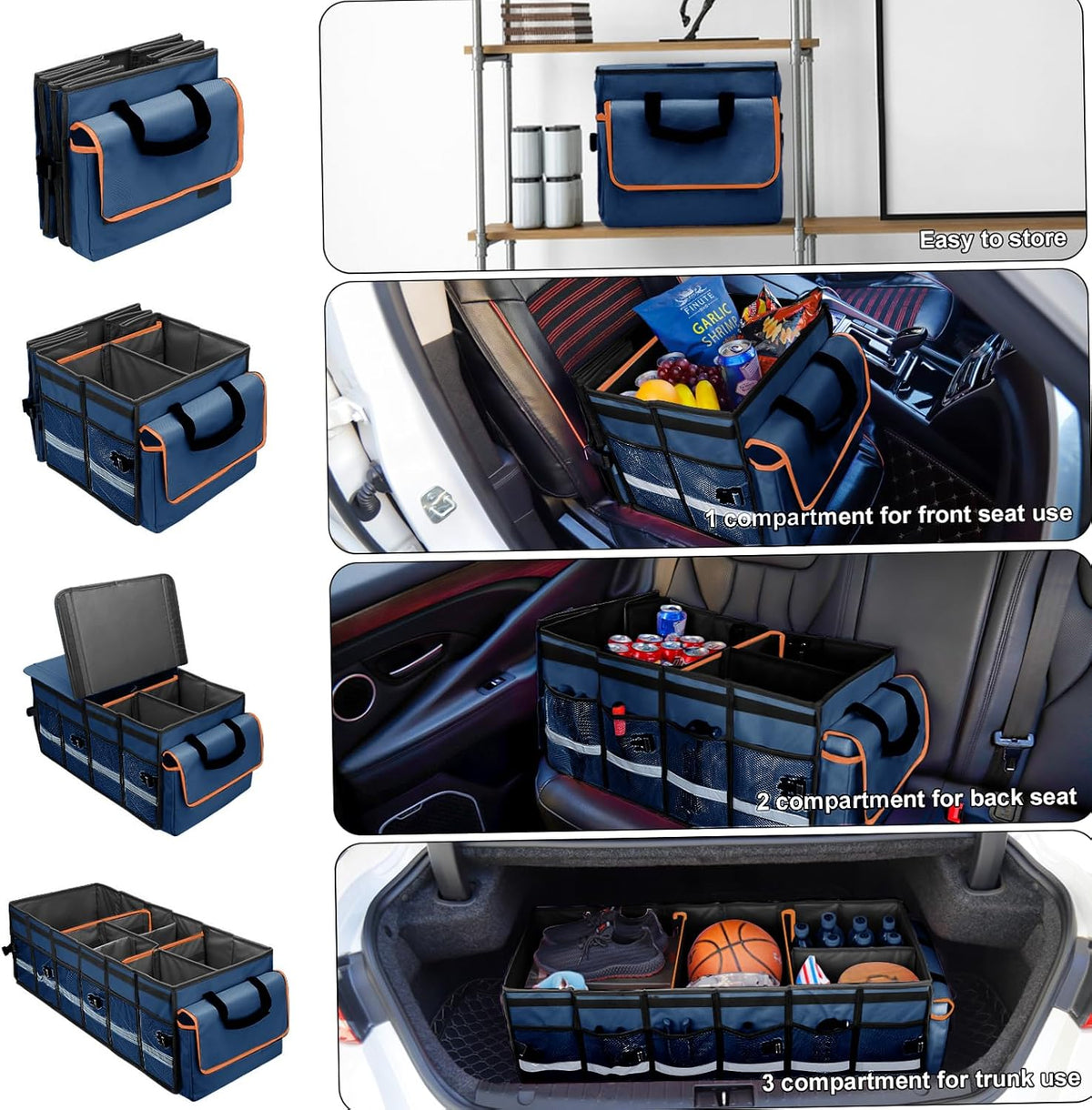 Car Trunk Organizer and Storage with Lid & Removable Leakproof Cooler Bag, Car Accessories 6 Removable Dividers for Custom Space, Collapsible Large Trunk Organizers Interior for SUV Sendan with Cover