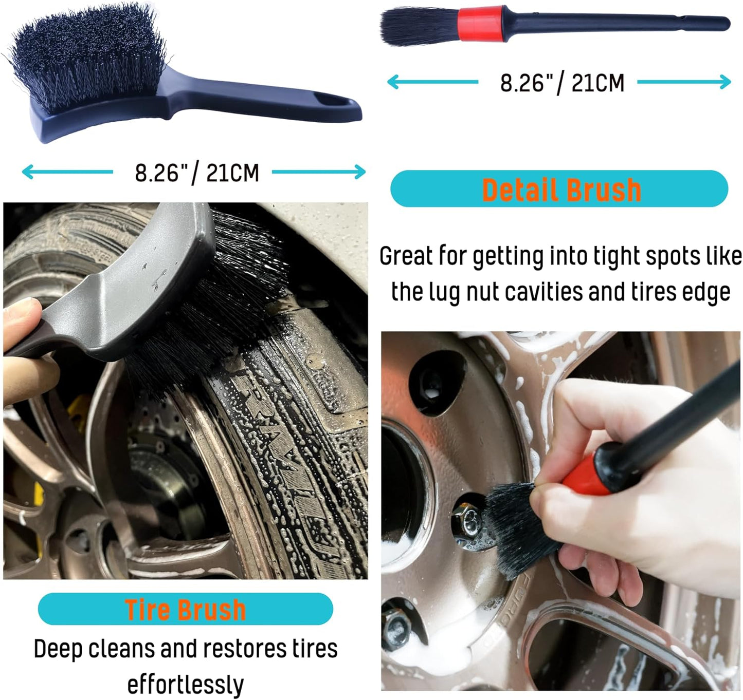 Wheel Brushes for Cleaning Wheels (4 Pro Pack)- 2X Soft Wheel Cleaning Wool Brush, Detailing Brush and Stiff Tire Brush, Scratch Free Durable Car Wheel Rim Brush Kit for Car Rim and Tire Detailing