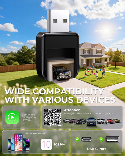 Wireless Carplay Adapter for iPhone Latest Upgrade, Tiny Bluetooth Dongle Convert Wired to Wireless for Apple Car Play Plug & Play, Zero-Lag Auto-Connect GPS Works With 2016+ Car(Ebony Black)
