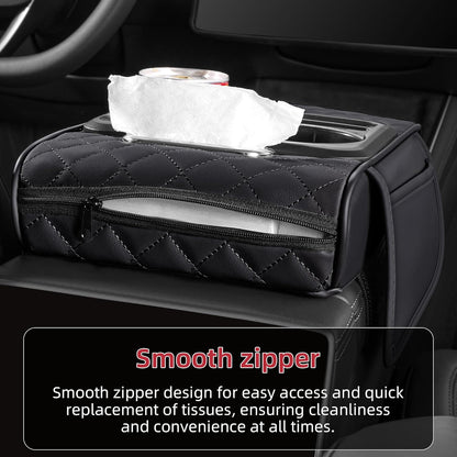 5 in 1 Car Center Console Cover, Armrest Pad with 2 Storage Pockets, Cup Holder, Tissue Slot, Phone Holder, Nappa Leather Memory Foam Car Accessories for SUV Sedan Truck (Black)