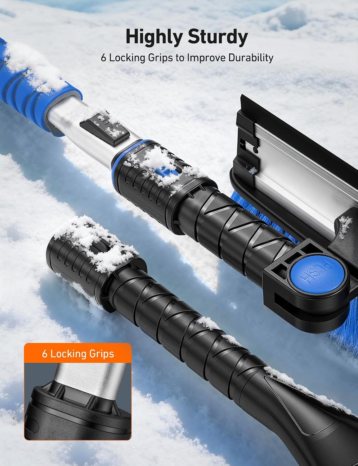 AstroAI 47.2" Ice Scrapers for Car Windshield, 3 in 1 Sturdy Snow Brush with Squeegee, 10 Adjustable Length Settings, Extendable Aluminum Handle, 180° Pivoting Snow Scraper for Car, Truck, SUV(Blue)
