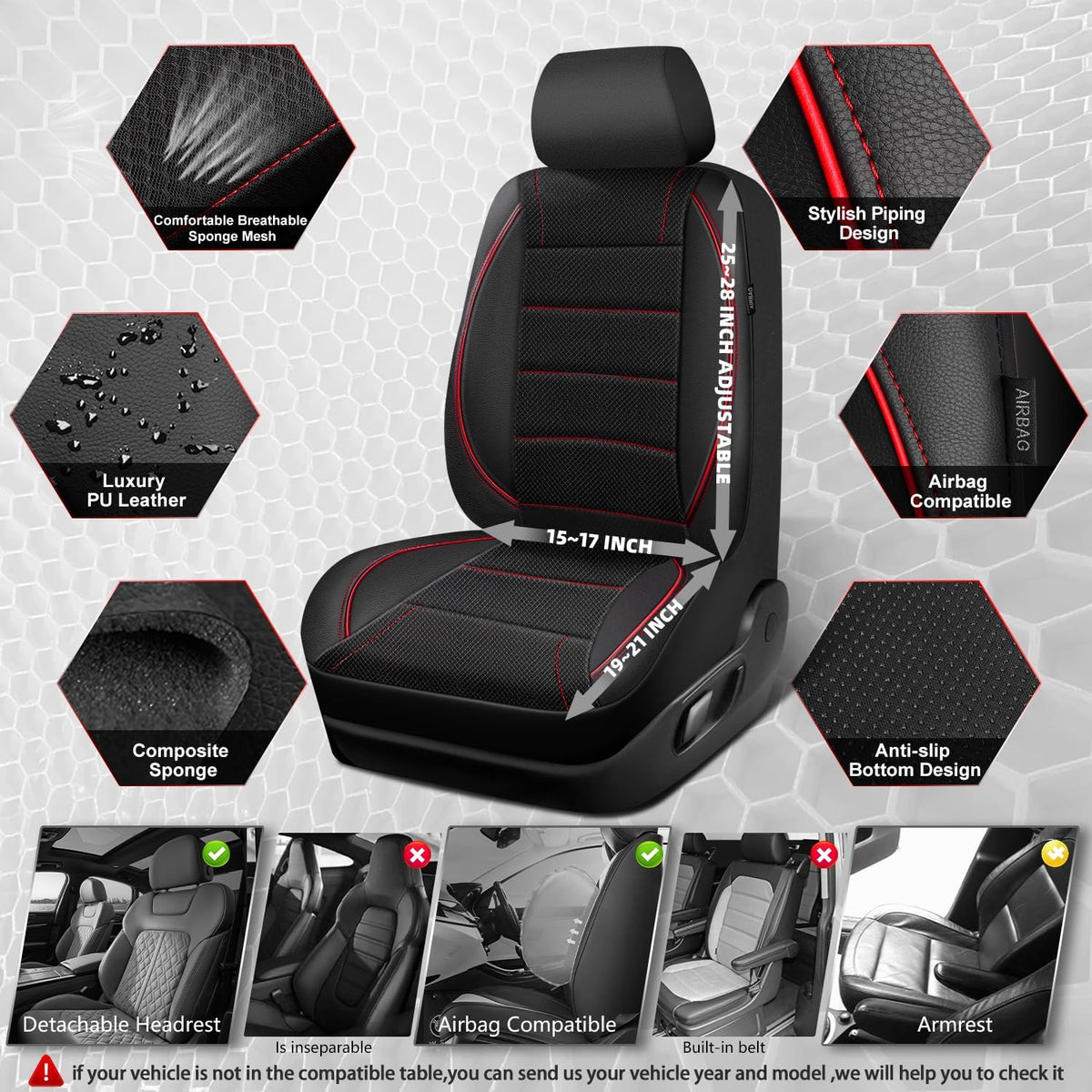 CAR PASS Universal FIT Piping Leather Two Front Seat Covers, Waterproof Faux Leather for SUV Sedan Van Truck, Airbag Compatible,Reserved Opening Holes for Headrest Covers. (Black red)