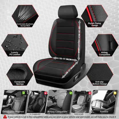 CAR PASS Universal FIT Piping Leather Two Front Seat Covers, Waterproof Faux Leather for SUV Sedan Van Truck, Airbag Compatible,Reserved Opening Holes for Headrest Covers. (Black red)