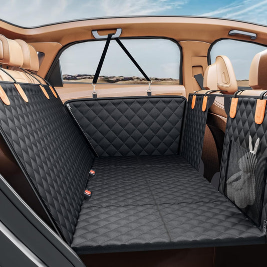 PETICON Back Seat Extender for Dogs, Hard Bottom Dog Car Seat Cover - Supports 400lbs, Rear Seat Pet Cover with Mesh Window, Waterproof Dog Hammock for Car SUV