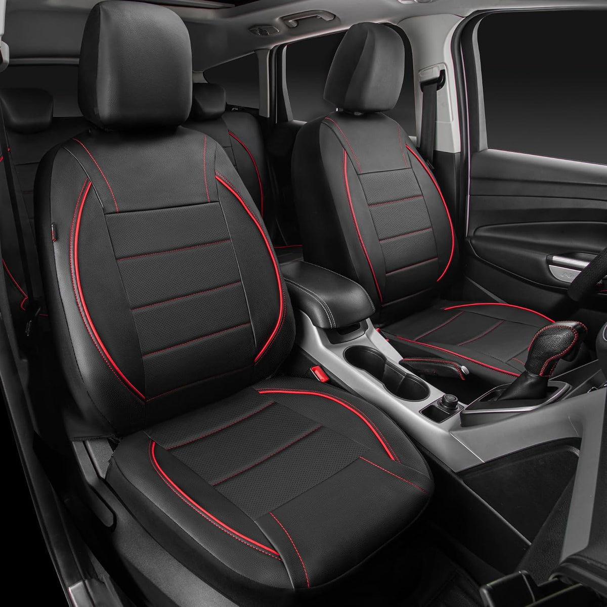 CAR PASS Universal FIT Piping Leather Two Front Seat Covers, Waterproof Faux Leather for SUV Sedan Van Truck, Airbag Compatible,Reserved Opening Holes for Headrest Covers. (Black red)