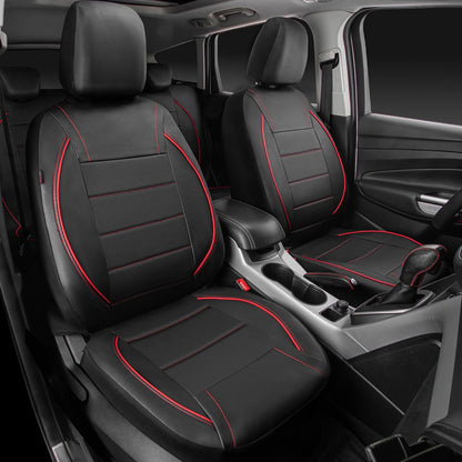 CAR PASS Universal FIT Piping Leather Two Front Seat Covers, Waterproof Faux Leather for SUV Sedan Van Truck, Airbag Compatible,Reserved Opening Holes for Headrest Covers. (Black red)