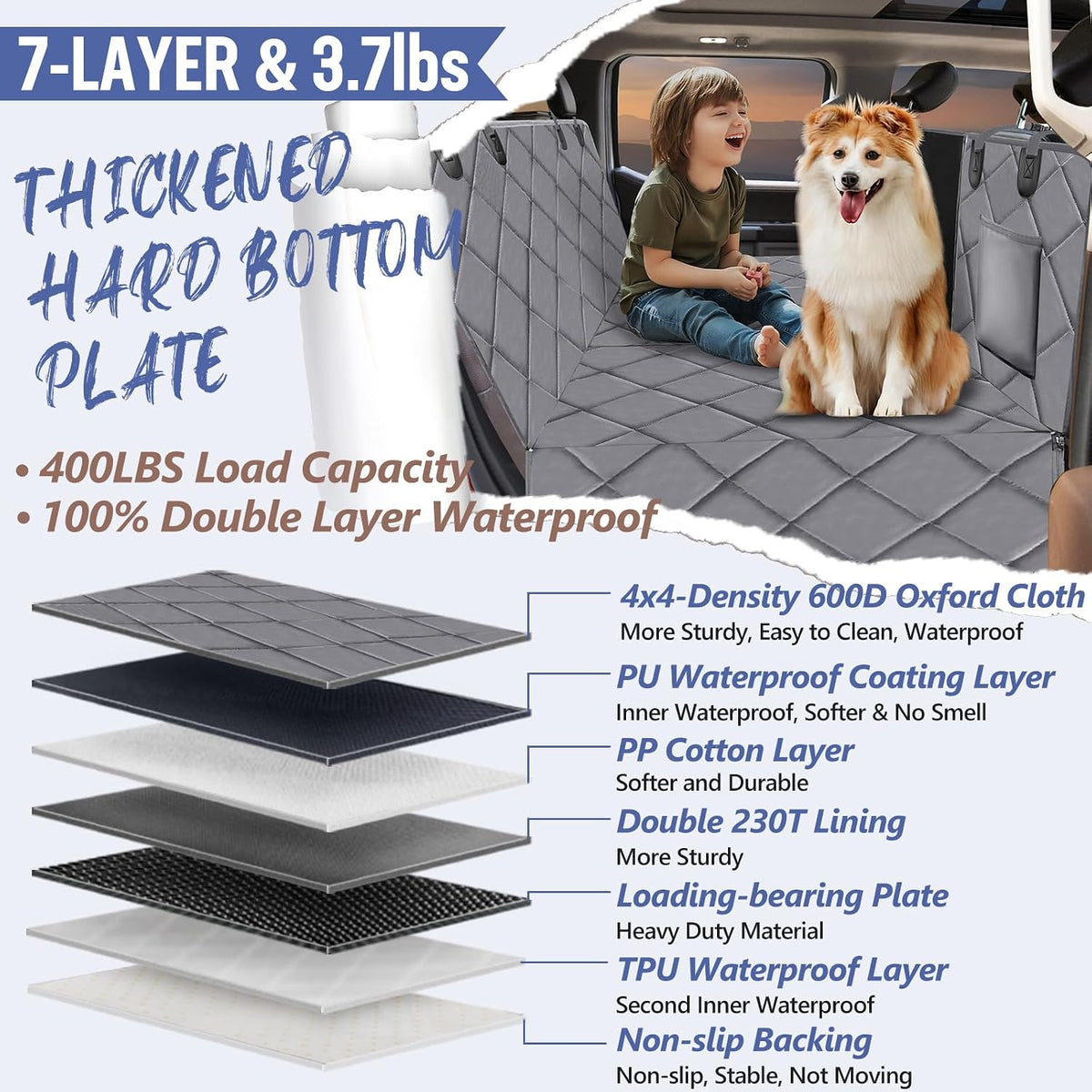 Back Seat Extender for Dogs-Large Space, Dog Car Seat Cover Hard Bottom Holds 420lbs, Sturdy Backseat Extender for Dogs,Upgraded Waterproof Pet Car Bed Dog Hammock for Car, SUV,Truck, Black