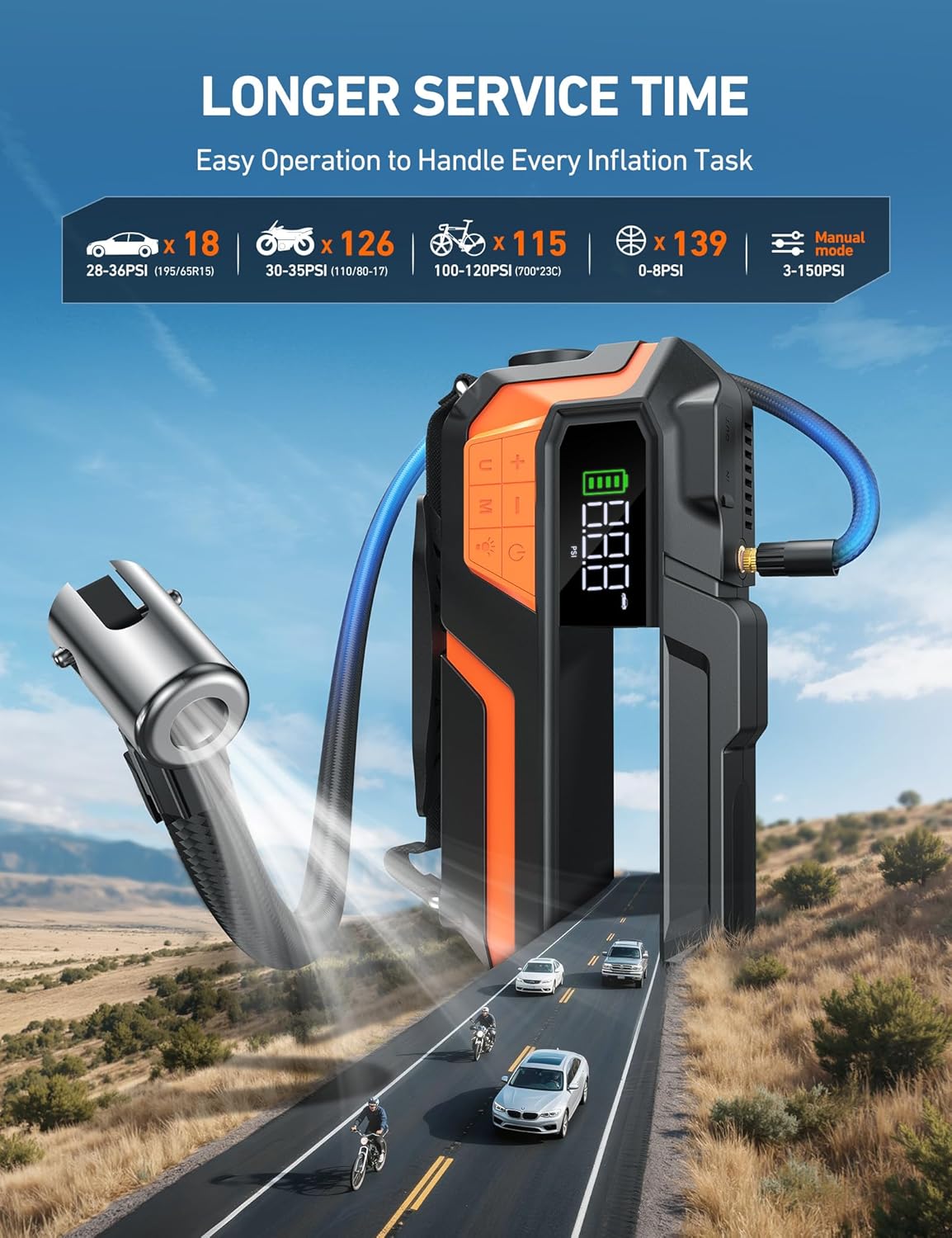 AstroAI S8 Air Jump Starter with Air Compressor, 3000A Peak Car Battery Jump Starter Portable (9.0 Gas/6.5L Diesel) with 150PSI Cordless Auto-Shutoff Tire Inflator, 12V Battery Charger Booster(Orange)