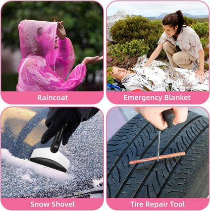 Roadside Car Emergency Kit, Winter Car Safety Kit with 10FT Jumper Cables, Tow Strap, Tool Kit, Reflective Warning Triangle, Road Trip Essentials, for New Drivers, Teens