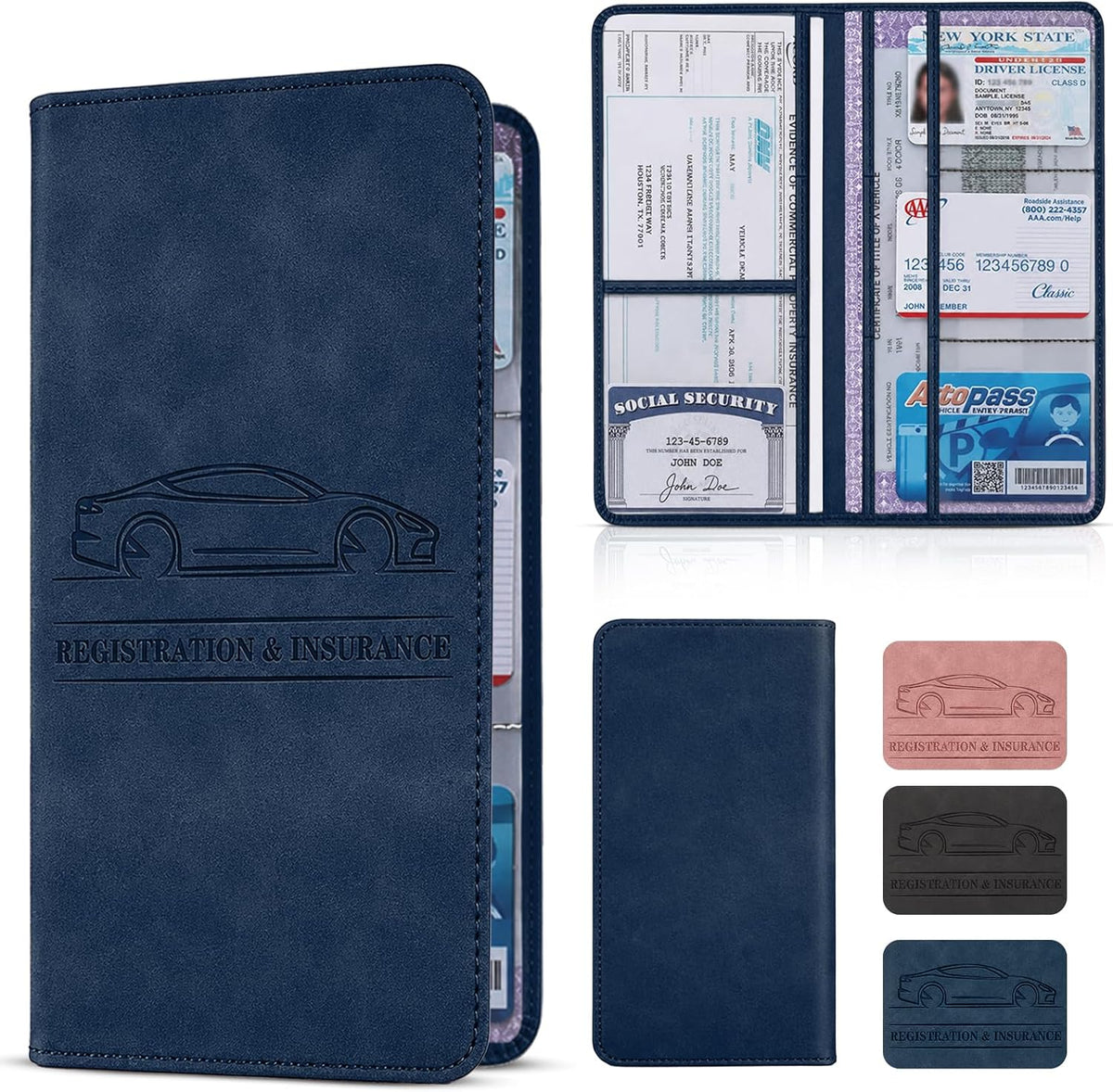 Car Registration and Insurance Card Holder, Magnetic Closure Leather Vehicle Document Organizer, Neat Stitched Glove Box Storage Case, Compact Lightweight Card Holder for Driver License - Black