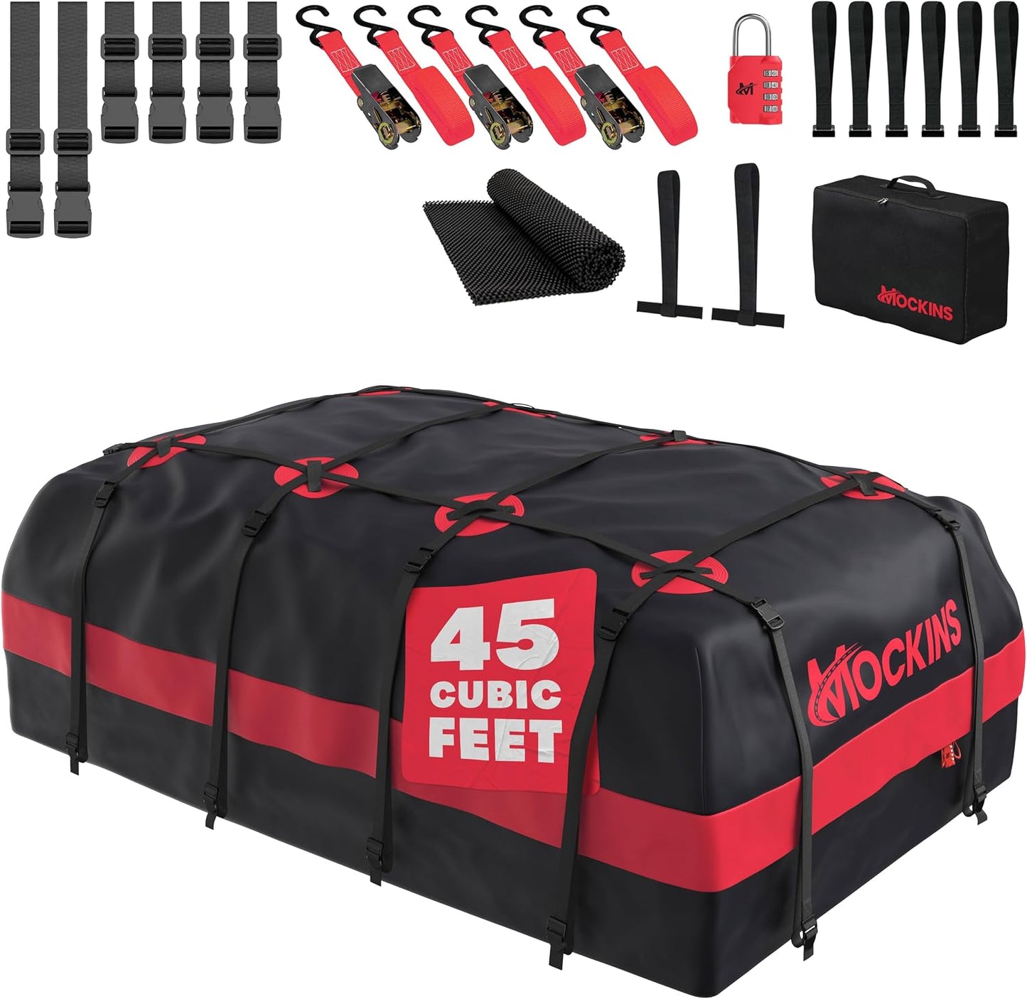 Mockins 25 CuFt Waterproof Rooftop Cargo Carrier Bag | 60"x43"x17" All-Weather 500D Soft-Shell Vinyl Car Top Carrier Without Roof Rack | Vehicle Soft-Shell Carriers with Roof Mat, Lock, Hooks & Straps