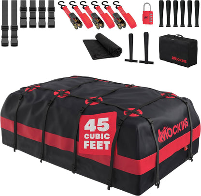 Mockins 25 CuFt Waterproof Rooftop Cargo Carrier Bag | 60"x43"x17" All-Weather 500D Soft-Shell Vinyl Car Top Carrier Without Roof Rack | Vehicle Soft-Shell Carriers with Roof Mat, Lock, Hooks & Straps