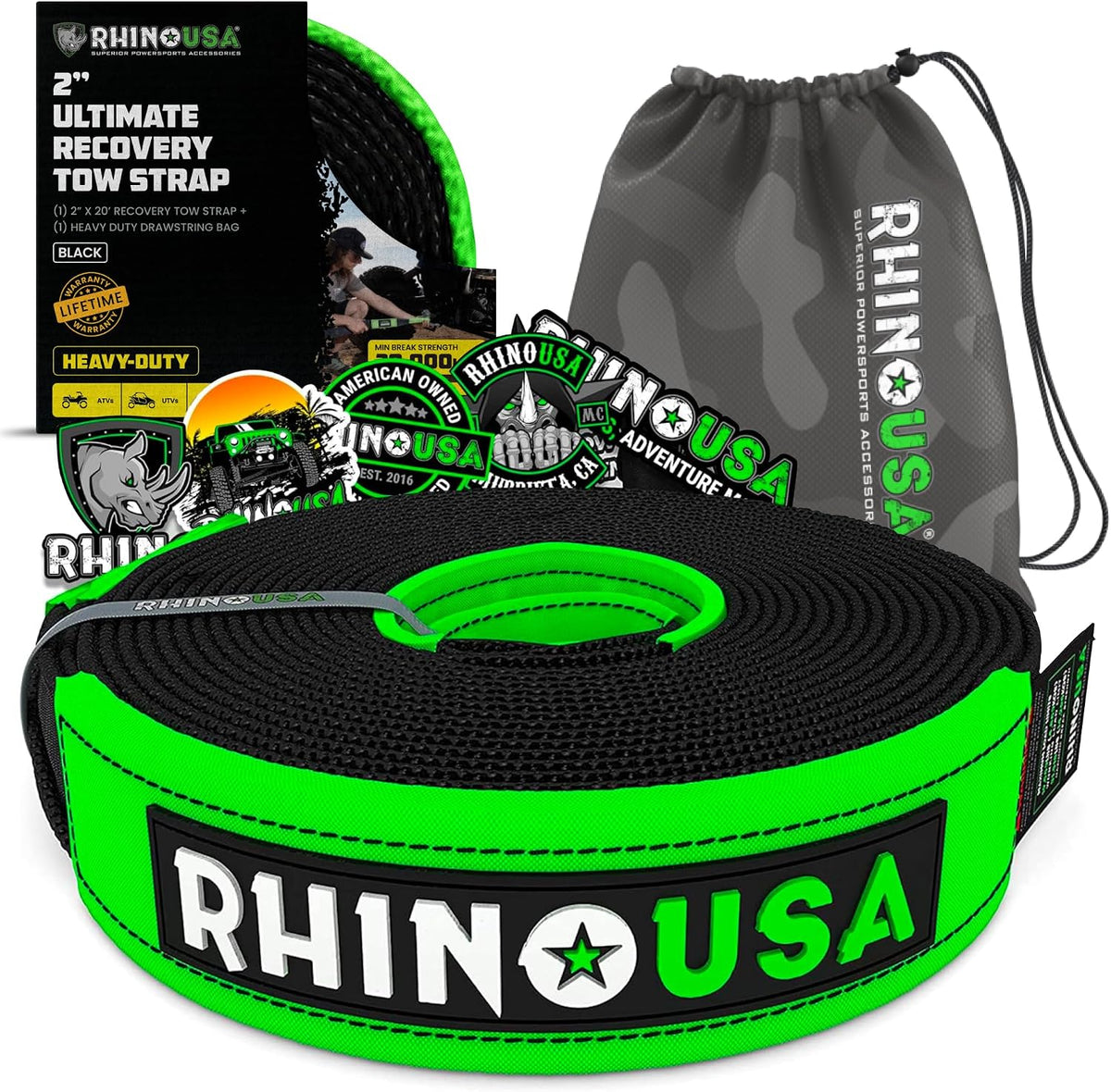 Rhino USA Recovery Tow Strap (3" x 20') - 31,518lb Break Strength - Emergency Recovery Strap Tow Rope for Truck, UTV, ATV & More - Heavy Duty Towing Strap for Offroad 4x4 Use - Compatible with Jeep