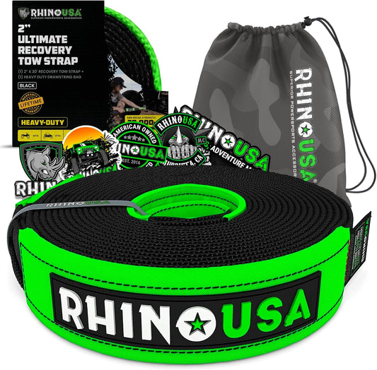 Rhino USA Recovery Tow Strap (3" x 20') - 31,518lb Break Strength - Emergency Recovery Strap Tow Rope for Truck, UTV, ATV & More - Heavy Duty Towing Strap for Offroad 4x4 Use - Compatible with Jeep