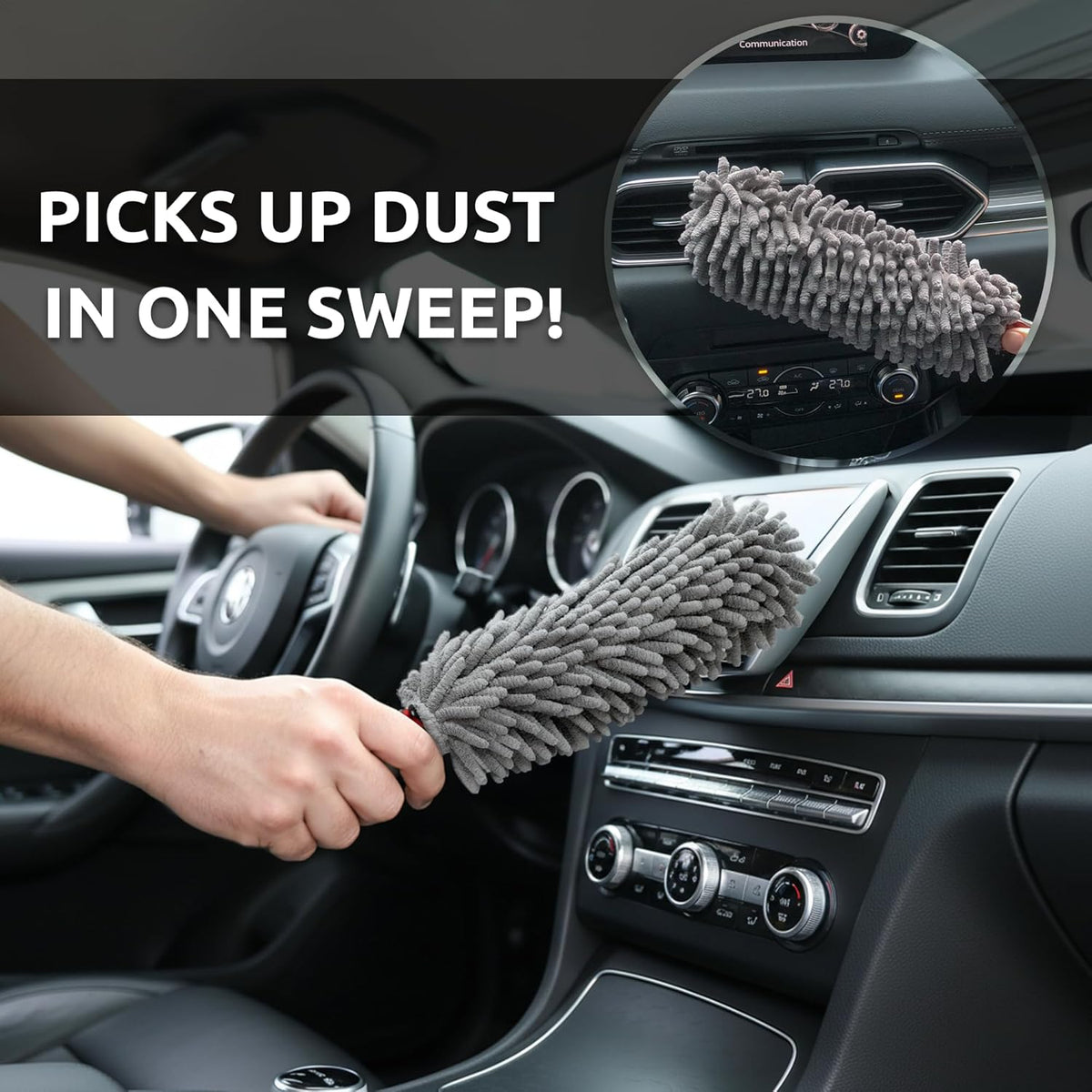 Car Duster Interior by TAKAVU, 360° Microfiber Fingers, Unbreakable Comfort Handle, Lint and Scratch Free, Include Microfiber Towel, for Car & Home Use, The Best Auto Accessories Gray