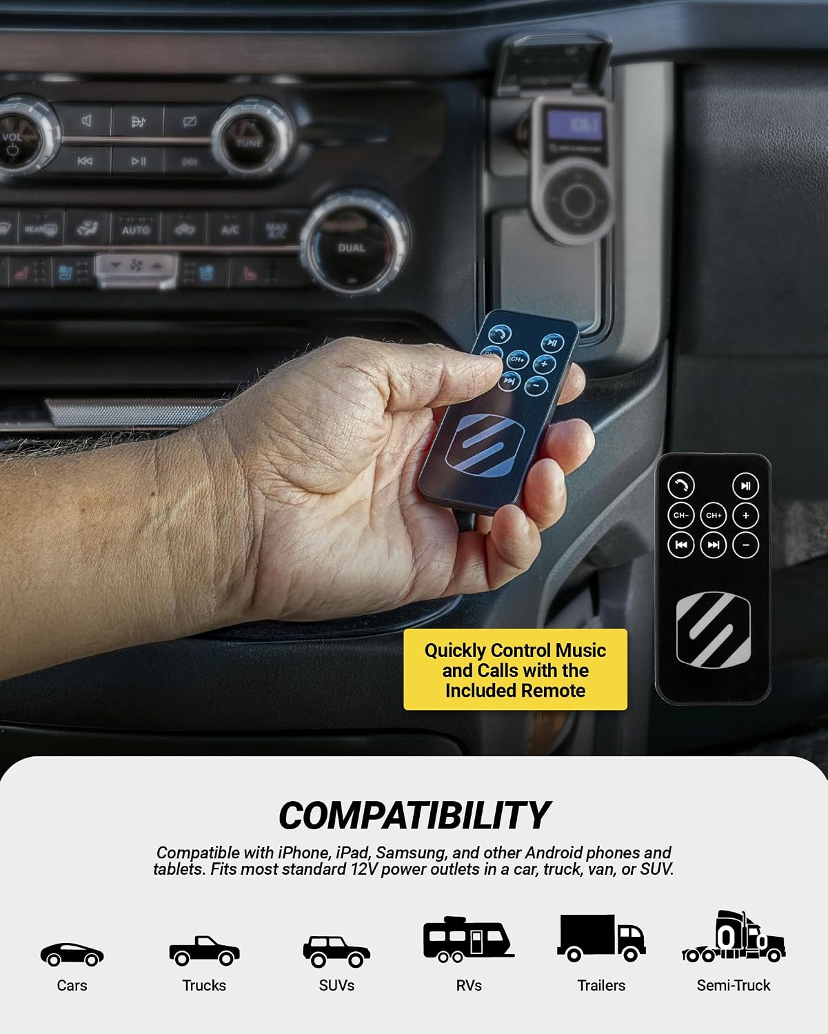 Scosche BTFM9 FM Bluetooth Transmitter Car, Dual 12W USB-C and USB-A Charging Ports, Fast Type C Car Charger, Wireless Radio Bluetooth Adapter, Hands-Free Kit for Calls, Siri and Google Assistant