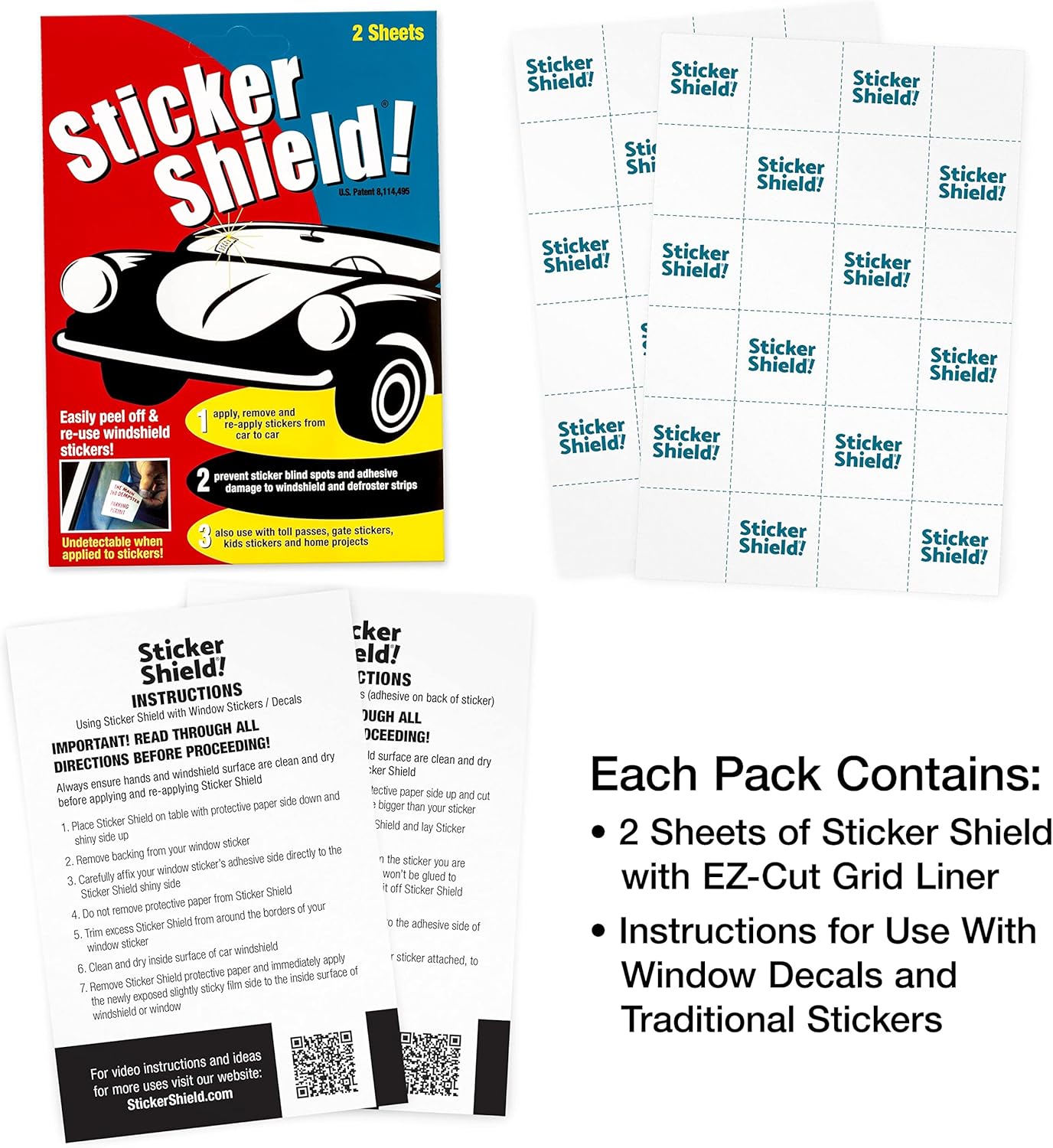 STICKER SHIELD - Windshield Sticker Applicator for Easy Application, Removal and Re-Application from Car to Car - 4 inch x 6 inch Sheets (Pack of 2 Sheets)