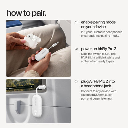 AirFly Pro 2 Deluxe – Bluetooth Adapter for Airplane, Pair 2 AirPods or Wireless Headphones – 3.5mm AUX Bluetooth Transmitter/Receiver for Cars, Boats, Treadmills, TVs – Airplane Travel Essentials