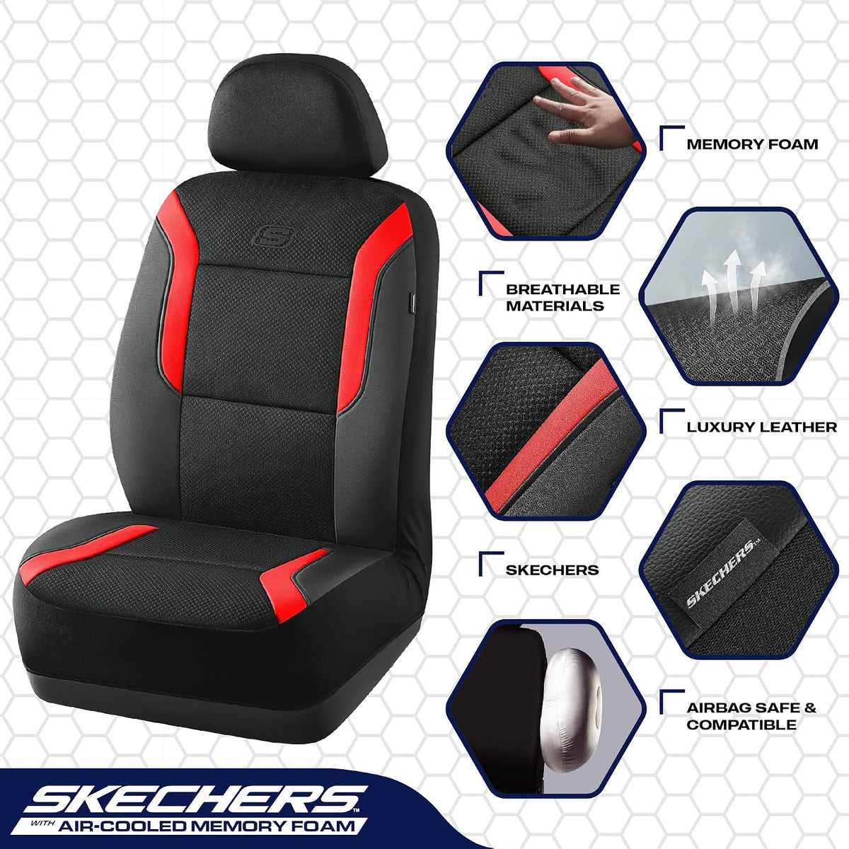 Skechers Memory Foam Seat Covers, Air Cool Mesh Thick Car Seat Covers, Car Seat Covers Front Seats Airbag Compatible, Universal Automotive Comfort for Most Cars, Vans, Trucks, SUV,Black