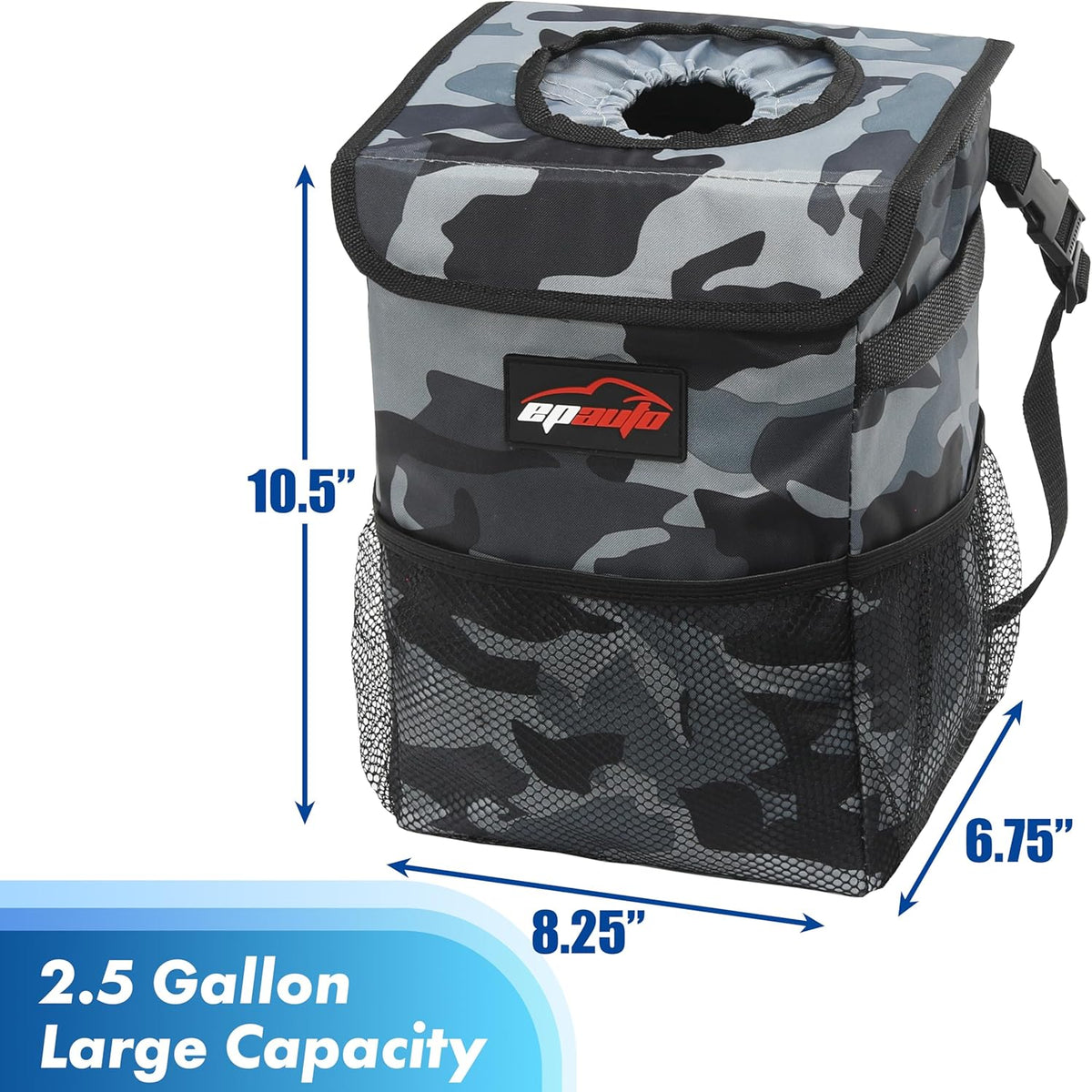 EPAuto Waterproof Car Trash Can with Lid and Storage Pockets, 2.5 Gallon, Black
