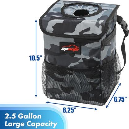 EPAuto Waterproof Car Trash Can with Lid and Storage Pockets, 2.5 Gallon, Black