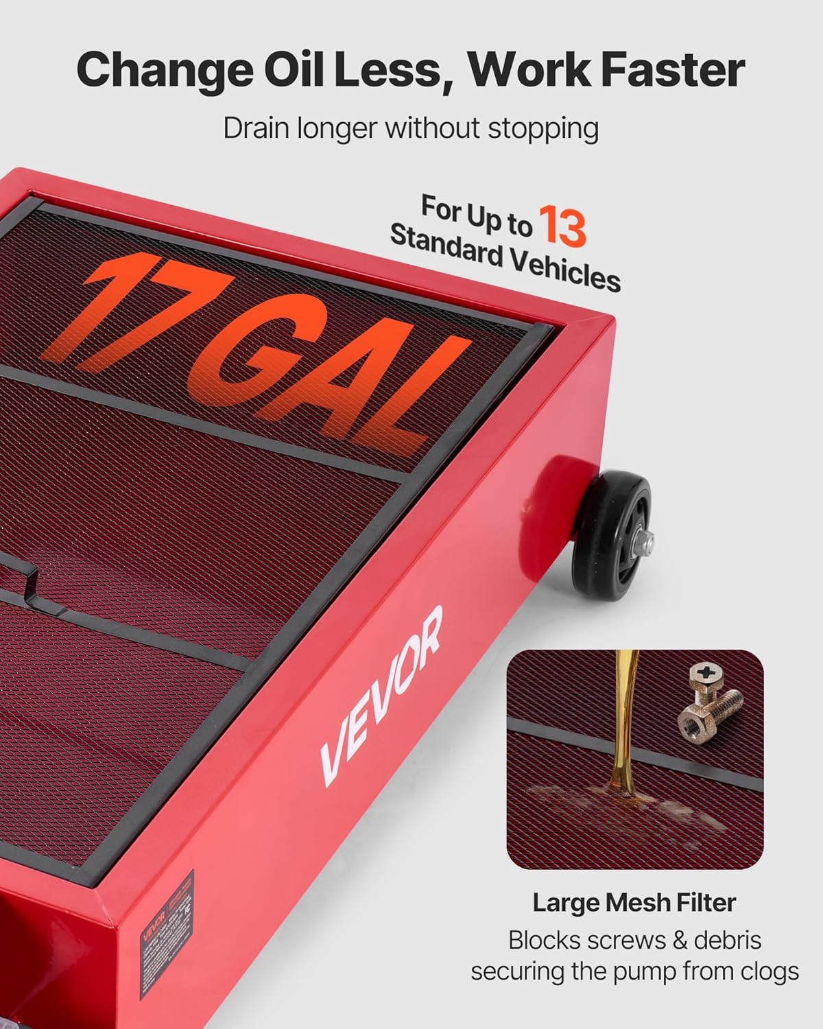 VEVOR Low Profile Oil Drain Pan, 15 Gallon Capacity, Rolling Oil Drain Pan with Electric Pump & 7.2 ft Hose, Leak-Proof & Corrosion-Resistant, Fit for Cars, SUVs, Trucks, Motorcycles, ATVs, Metal