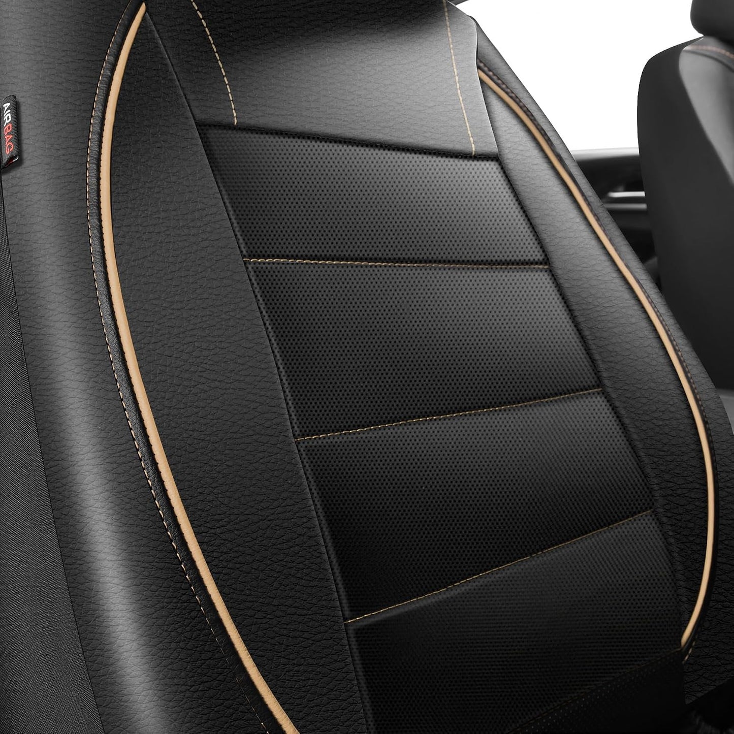 CAR PASS Universal FIT Piping Leather Two Front Seat Covers, Waterproof Faux Leather for SUV Sedan Van Truck, Airbag Compatible,Reserved Opening Holes for Headrest Covers. (Black red)
