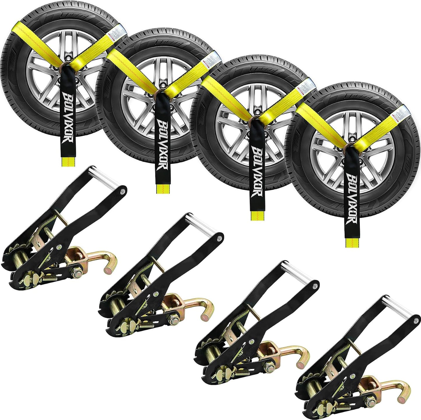 4 Pack Car Tie Down Straps for Trailers 2" x 96" - 9900LBS Break Strength - Tire Ratchet Straps with J Finger Hooks for Hauling UTV, SUV, Truck, Any Cars