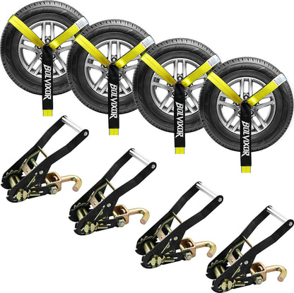4 Pack Car Tie Down Straps for Trailers 2" x 96" - 9900LBS Break Strength - Tire Ratchet Straps with J Finger Hooks for Hauling UTV, SUV, Truck, Any Cars