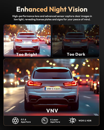 VNV 4K+2.5K Dash Cam Front and Rear, GalaxyCore Sensor, Free 64GB Card Included, Built-in WiFi App Control, Dash Camera for Cars with WDR Night Vision,170°Wide Angle, 24H Parking Mode, 2" IPS, S-V200