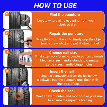 Tire Repair Rubber Nail Kit, Premium Spiral Screw-in Tire Plugs with 2 Sizes, Emergency Roadside Flat Tire Fix Tool for Car Truck Motorcycle Tractor ATV SUV - Fast Self Service Repair, 61 PCS