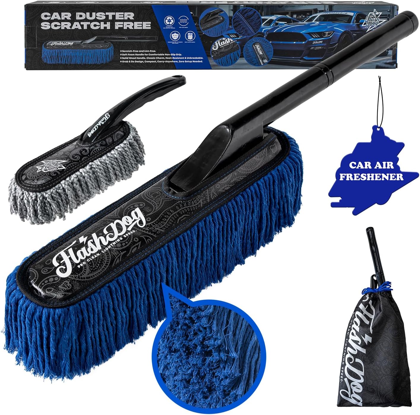 Flash Dog Car Duster Exterior with Car Duster Interior Wax Cotton Hair Scratch Free Cleaning for Cars, SUVs, Trucks | Waterless Dust Remover & Detailing Brushes Set with Storage