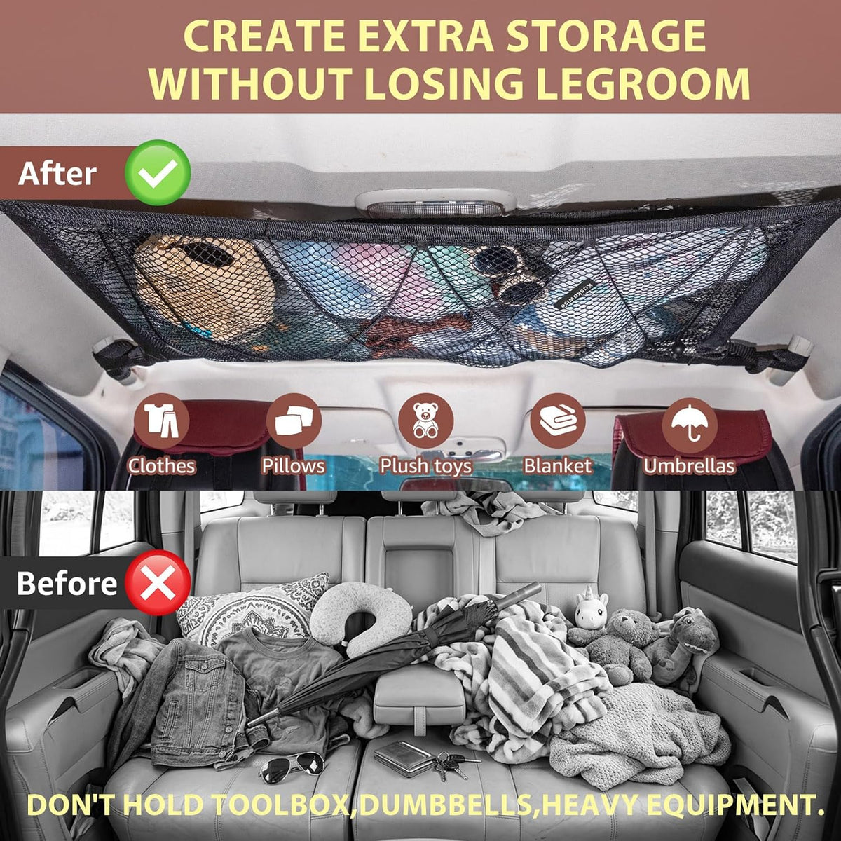 Car Ceiling Cargo Net, 31"x21" Adjustable Double-Layer Mesh SUV Roof Organizer, Van Life Accessories for Long Trip, Car Camping Essentials, Road Trip Must-Haves for Overhead Storage