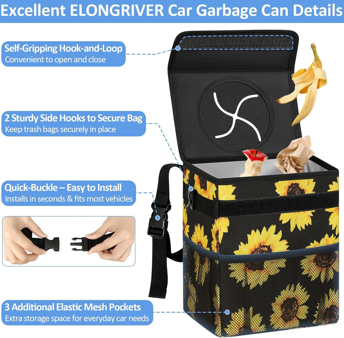 ELONGRIVER Car Trash Can Bin for Back Seat Leak Proof, Cute Car Trash Bag Hanging, Vehicle Trash Can for SUV Truck Van, Automotive Garbage Cans Front Seat Black