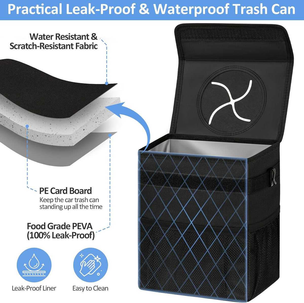 ELONGRIVER Car Trash Can Bin for Back Seat Leak Proof, Cute Car Trash Bag Hanging, Vehicle Trash Can for SUV Truck Van, Automotive Garbage Cans Front Seat Black