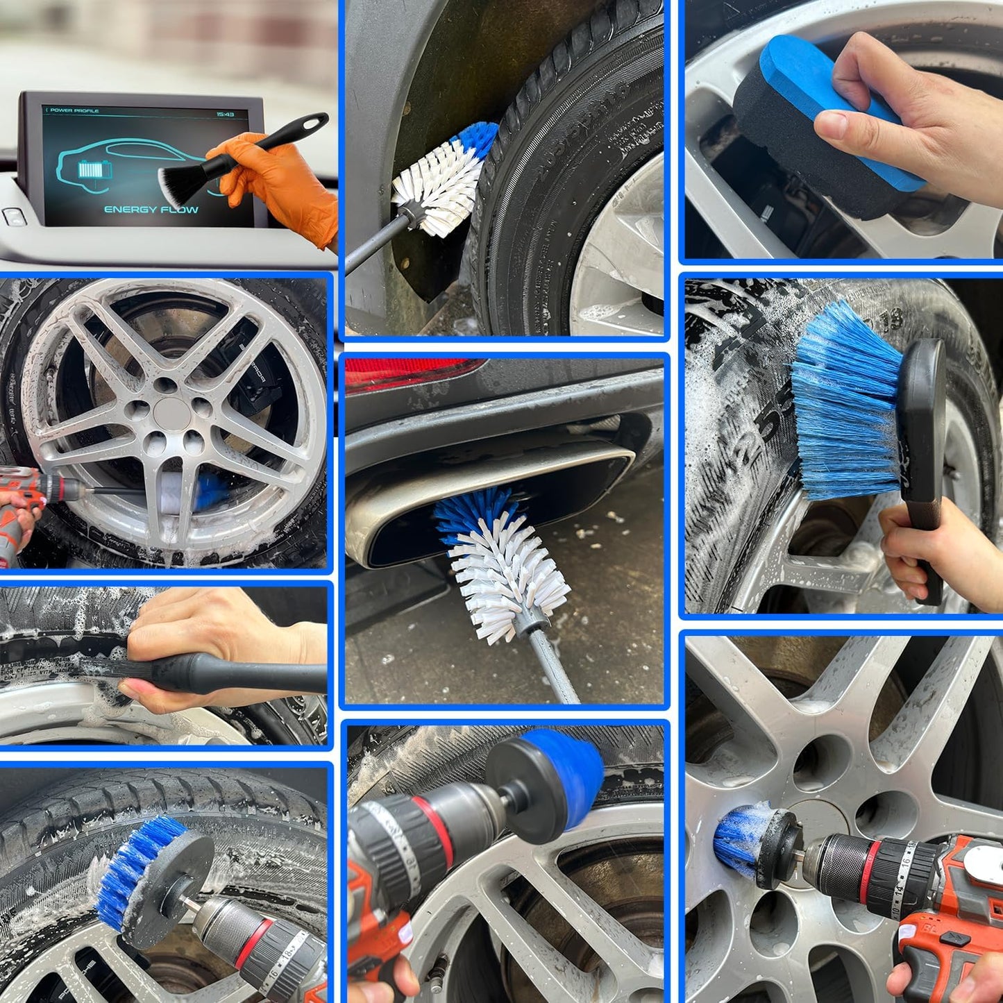Car Wheel Brush Kit, Soft Drill Wheel Cleaner Brush, Tire Brush, Detailing Brush, and Detailing Pads, No Scratches Car Wheel Cleaning Kit for Wheels, Tires, Rims, Engines, Exhaust(Blue+White, 6 Pack)