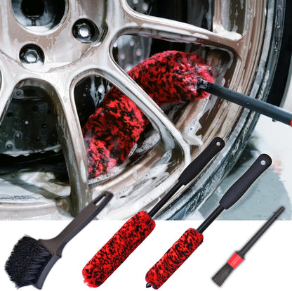 Wheel Brushes for Cleaning Wheels (4 Pro Pack)- 2X Soft Wheel Cleaning Wool Brush, Detailing Brush and Stiff Tire Brush, Scratch Free Durable Car Wheel Rim Brush Kit for Car Rim and Tire Detailing