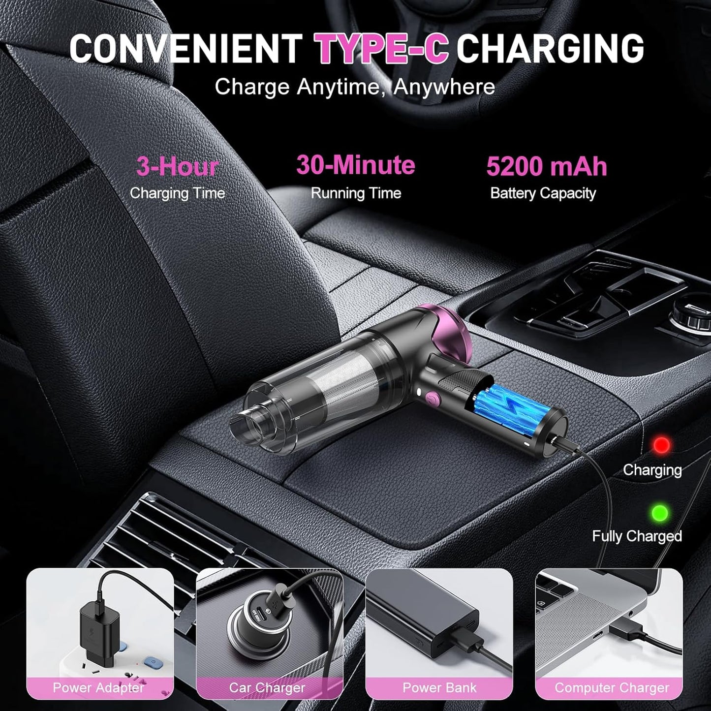 KMM Handheld Car Vacuum Cleaner, 9000Pa Vacuum Cleaner and Air Duster, 120W High Power Hand Held Vacuum with LED Light and Multi-Nozzles for Car, Home, Office, Pet