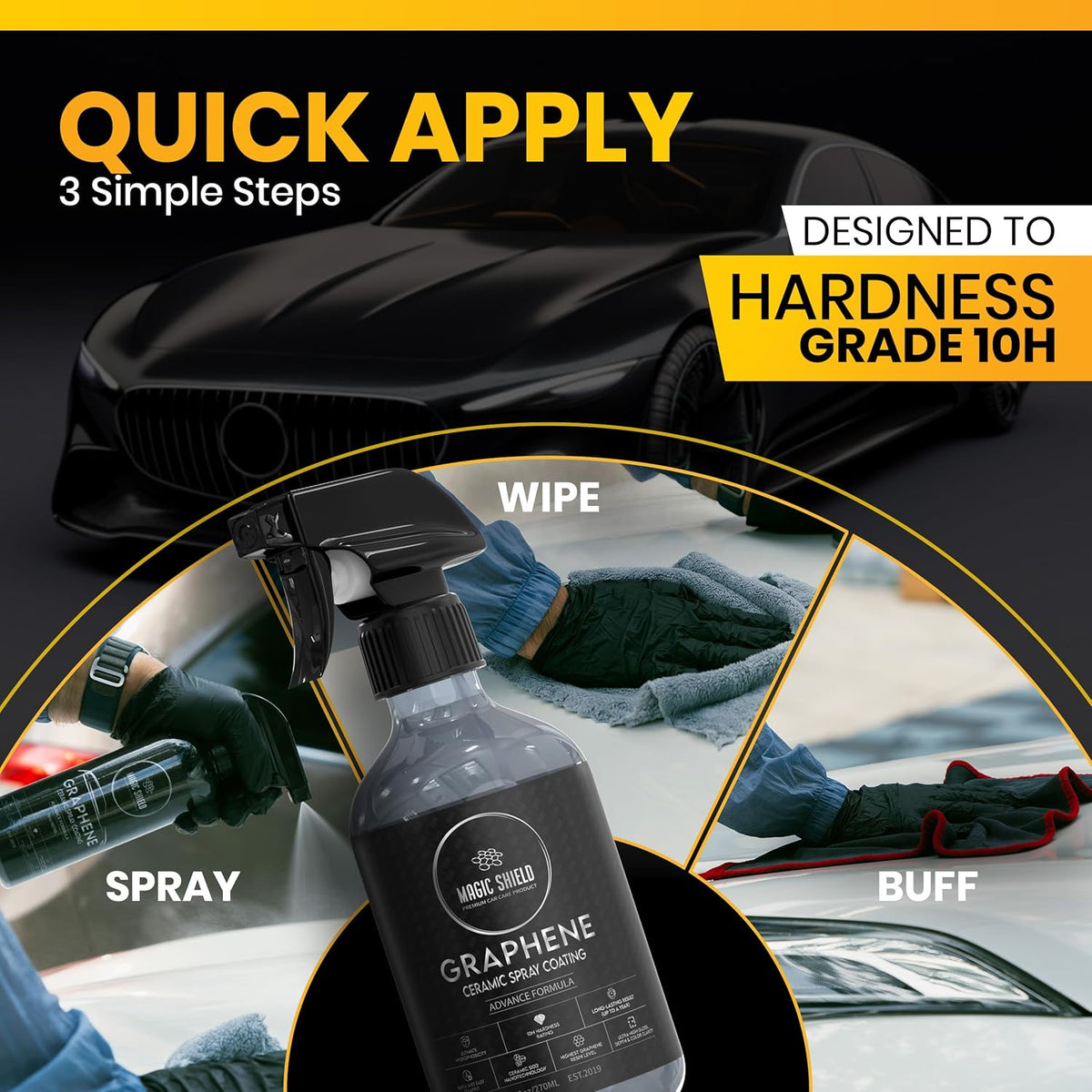 Magic Shield Graphene Ceramic Spray Coating - LAST SO LONG! Quick & Easy for Cars, Motorcycles, Boats & More - Professional-Grade Sealant for Maximum Gloss & Shine - Waterless Wash & Wax - 16oz Bottle