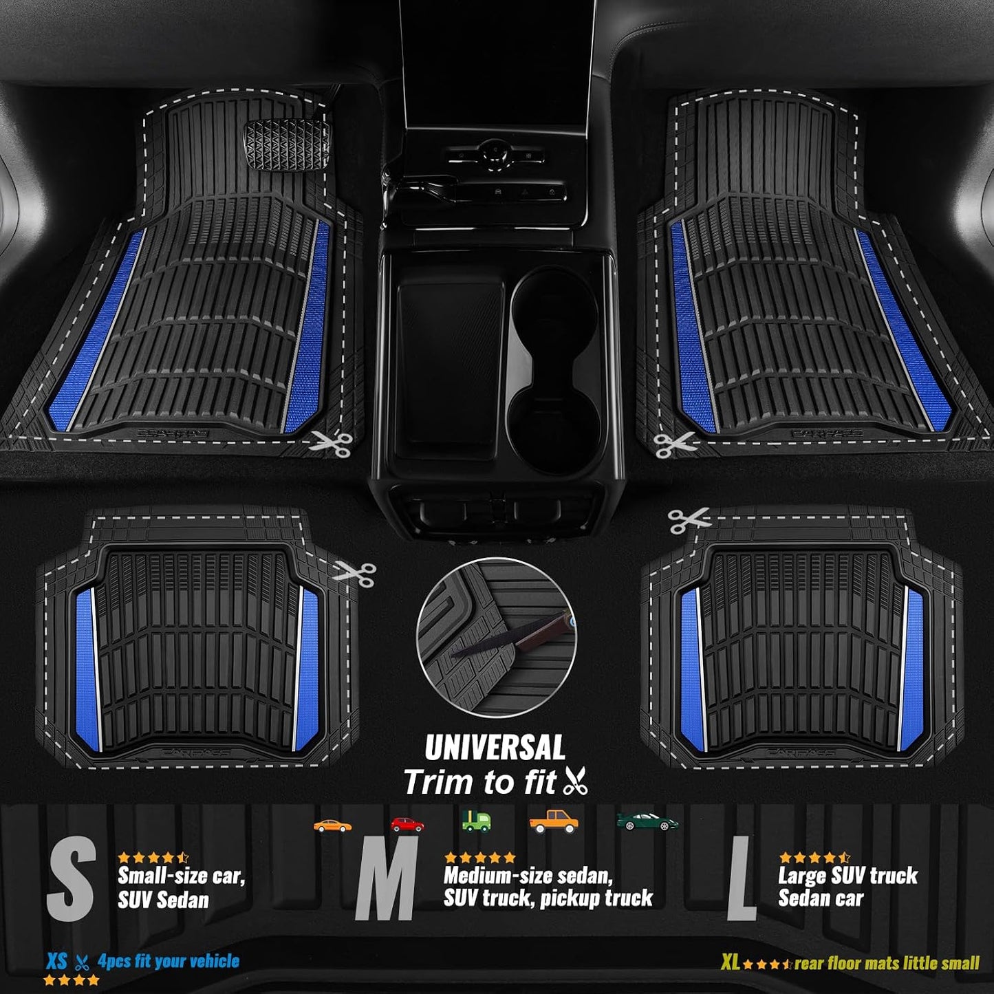 CAR PASS Heavy Duty Rubber Car Floor Mats, Deep Waterproof Car Floor Mats All Weather, Aluminum Film Floor Mats for Cars Non-Slip Universal Trim to Fit for SUVs Trucks Sedans Vans, Black Grey Metallic