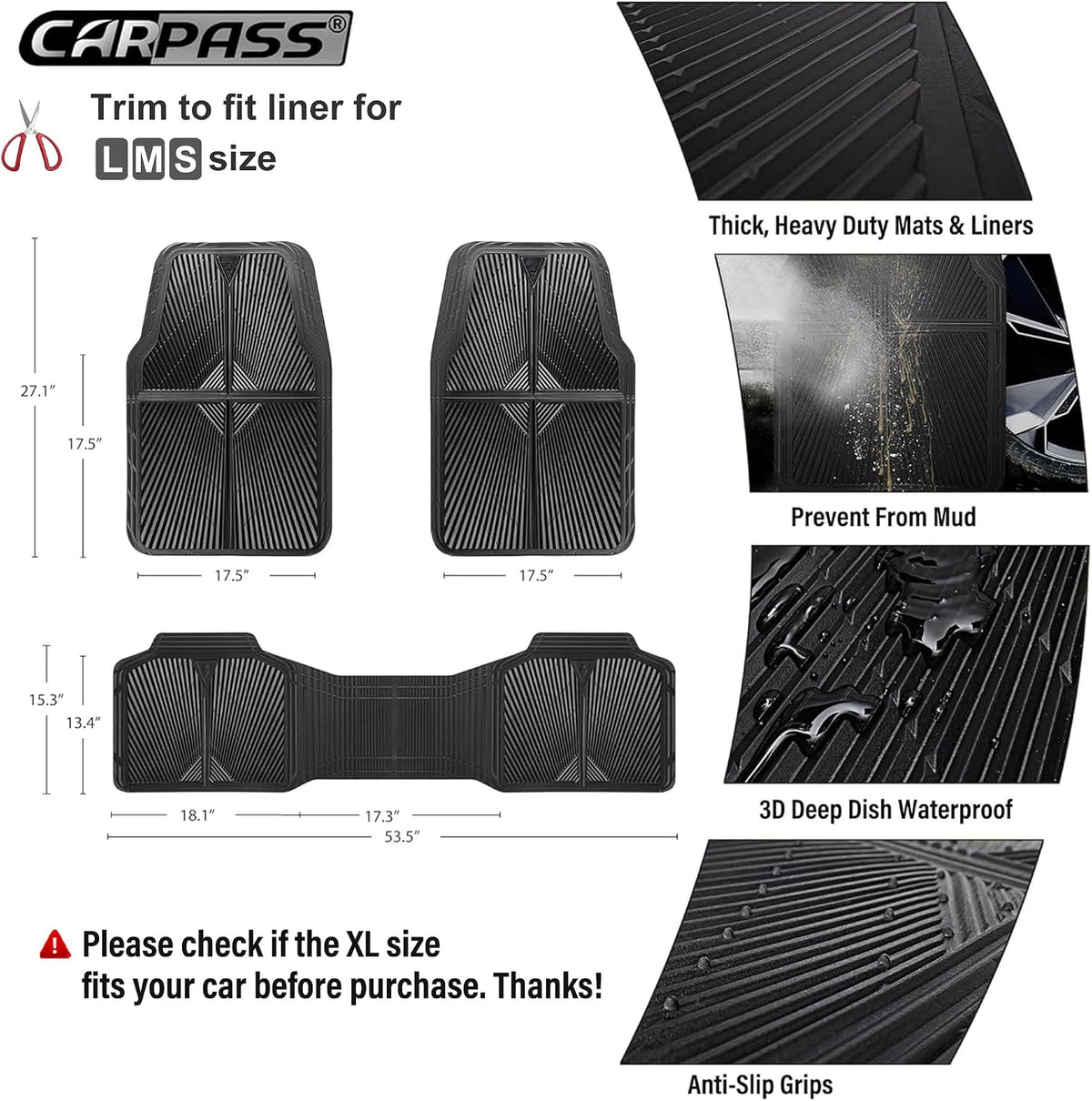CAR PASS Rubber Floor Mats, All Weather Waterproof Trim-to-Fit Automotive Mats for Cars Trucks SUV, Anti-Slip Easy Clean, Heavy Duty Full Set 3-Piece, All Black
