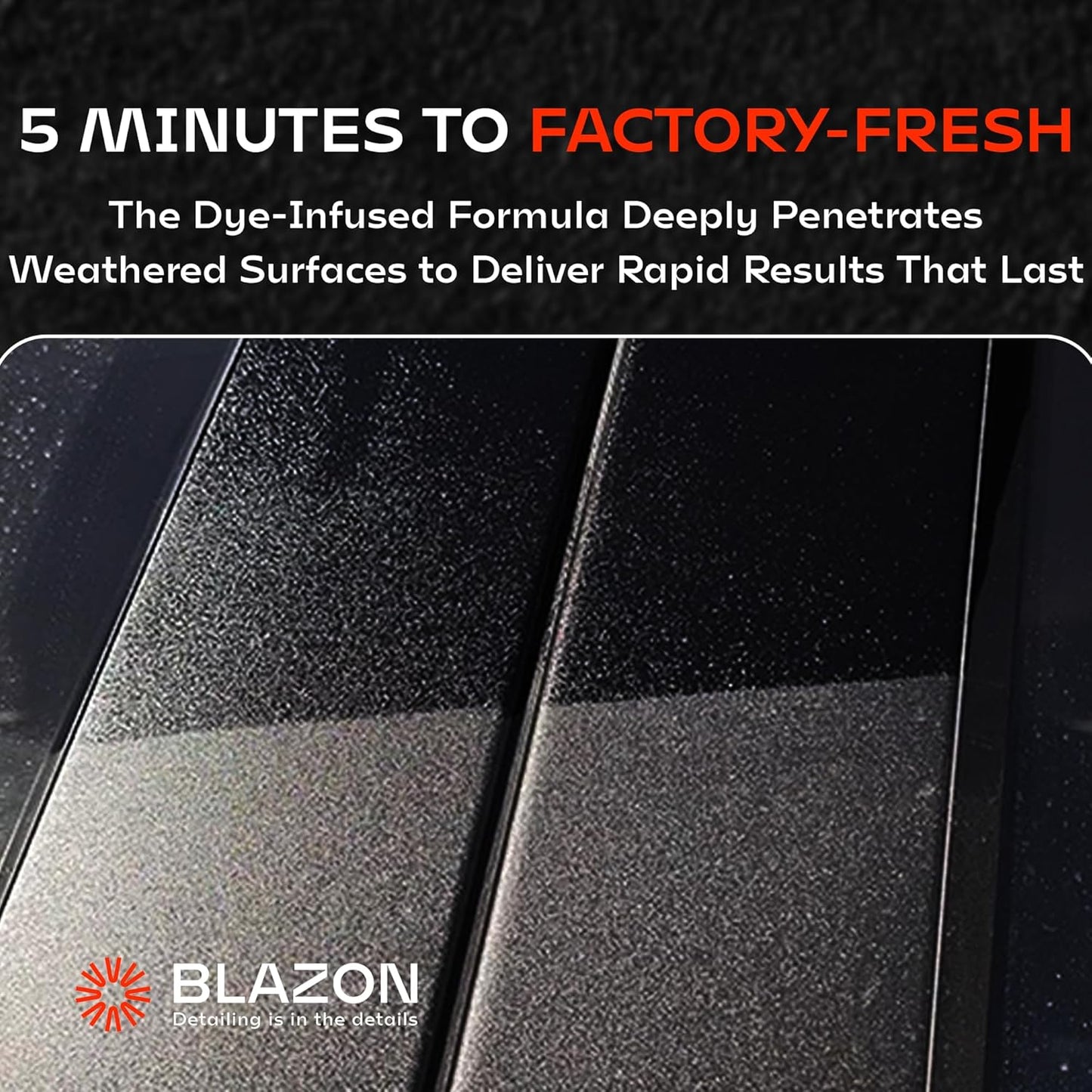 BLAZON Black Trim Restorer – Dye-Infused Plastic Restorer for Faded Exterior Trim, Deep Black Finish, Scratch Correction, Long-Lasting Durability & UV Protection - 8 oz