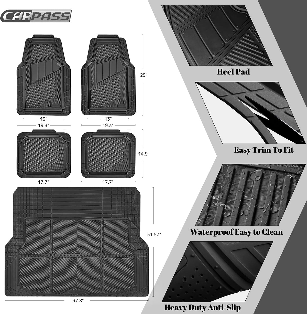 CAR PASS Heavy Duty Rubber Floor Mats 4-Piece,Pink Car Mats Full Sets Anti-Slip,Waterproof Universal Trim-to-Fit for Car SUV Truck, Durable All Weather Automotive Car Mats for Women,Girly(All Pink)