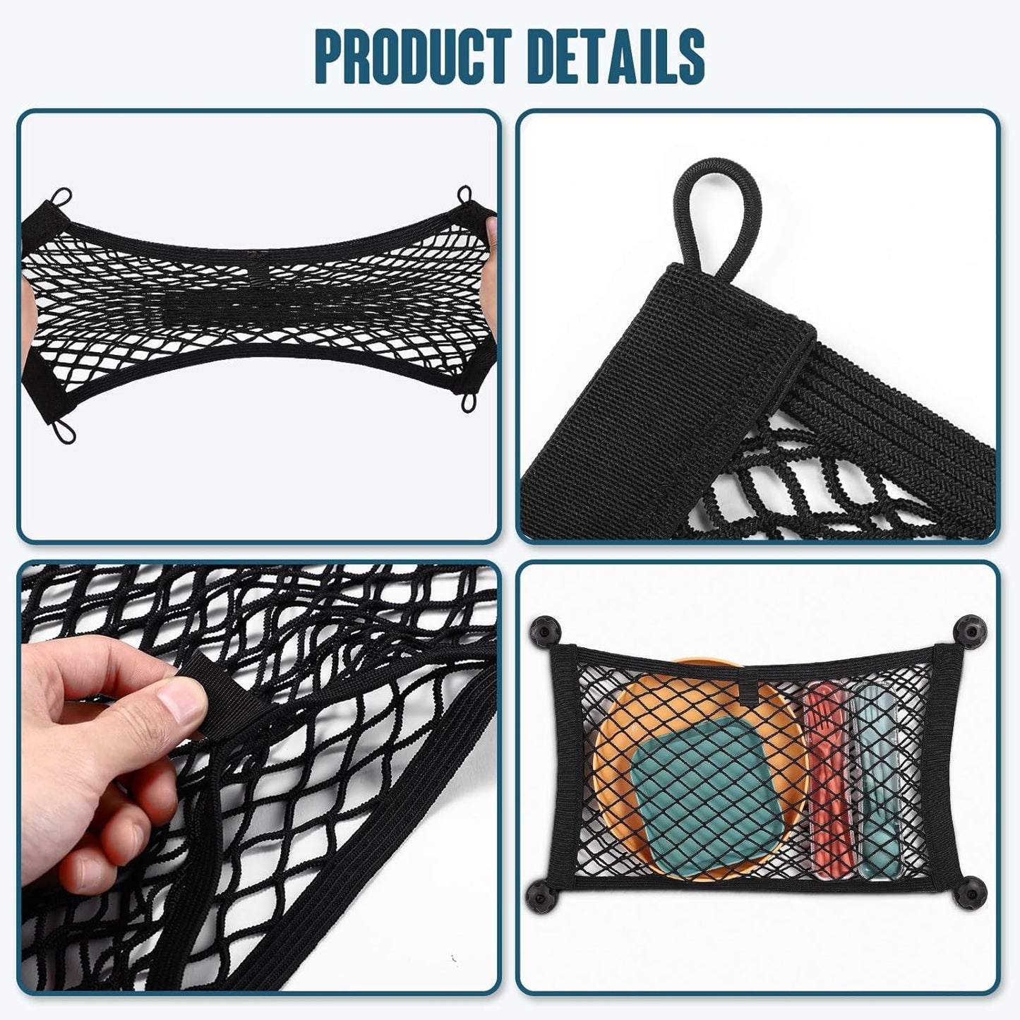 TOBWOLF Universal Mesh Cargo Net With Tape Stickers, 25x40cm / 9.8x15.7in, Elastic Car Storage Net, RV Netting Pocket, Wall Sticker Add-on Pouch Bag for Car Trunk