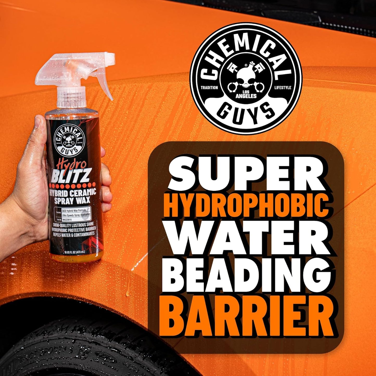 Chemical Guys HydroBlitz Ceramic Spray Wax with Carnauba - Hybrid Car Wax Spray Formula for Cars, Trucks, SUVs and RVs, Boosts Gloss, Protection & Water Beading on Paint, Glass and Wheels, 16 fl oz