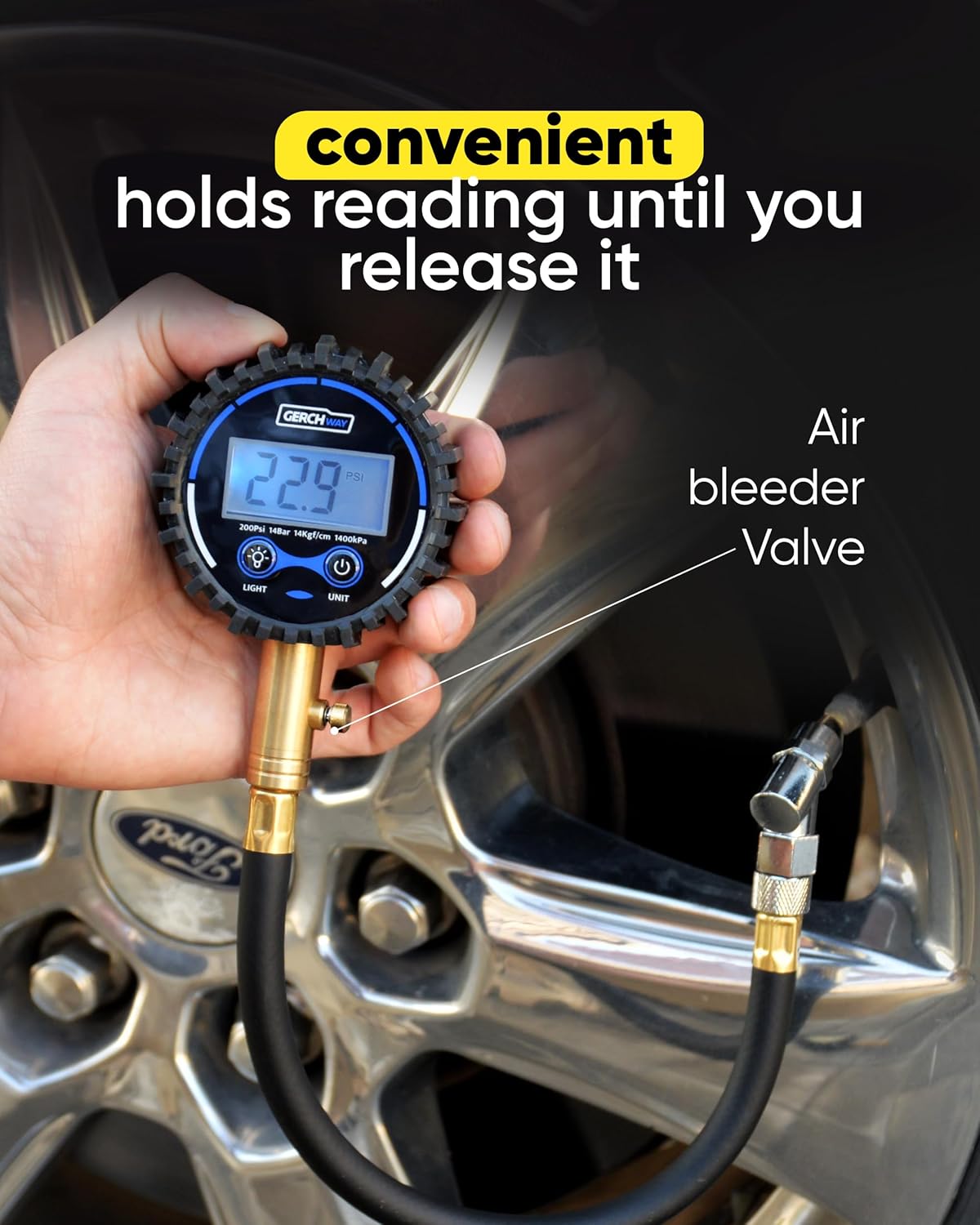 GERCHWAY Digital Tire Pressure Gauge for Cars - Accurate Air Pressure Gauge for Tires with 360° Swivel Chuck - 200 PSI