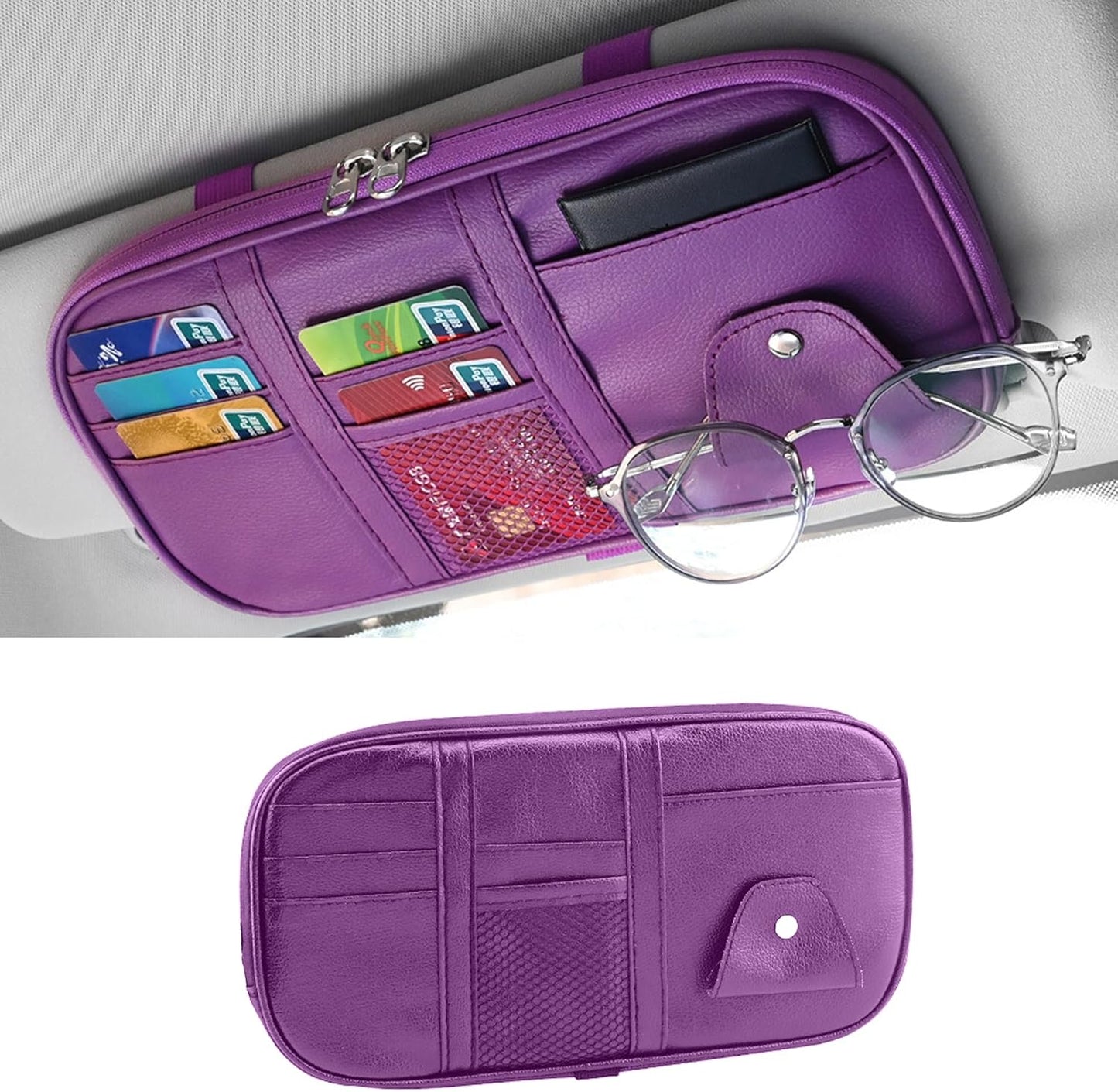Car Sun Visor Organizer, Multi-Pocket PU Leather Sunglass Holder and Storage Pocket with Net Zipper, Card Sleeve Pocket Organizer, Auto Interior Accessories for Vehicle, Truck, SUV (Gray)